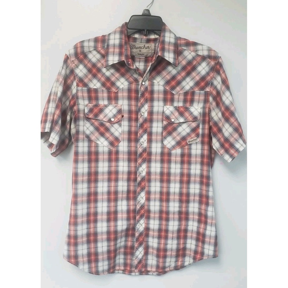 Wrangler Western Pearl Snap Shirt Mens Med Orange Blue Plaid Cowboy Vtg Cotton